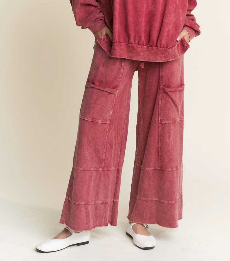 Terry Cropped Cargo Sweats-Red