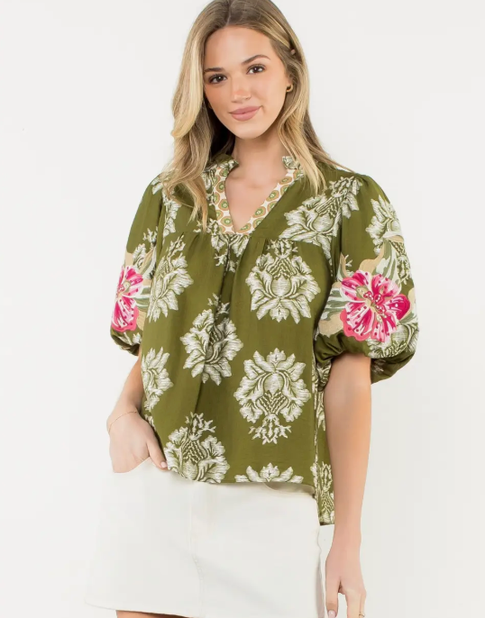 Embroidered Puff Sleeve Blouse