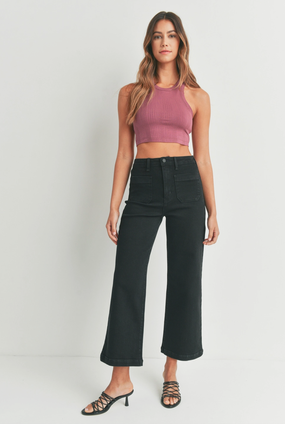 Patch Pocket Wide Leg Denim-Black