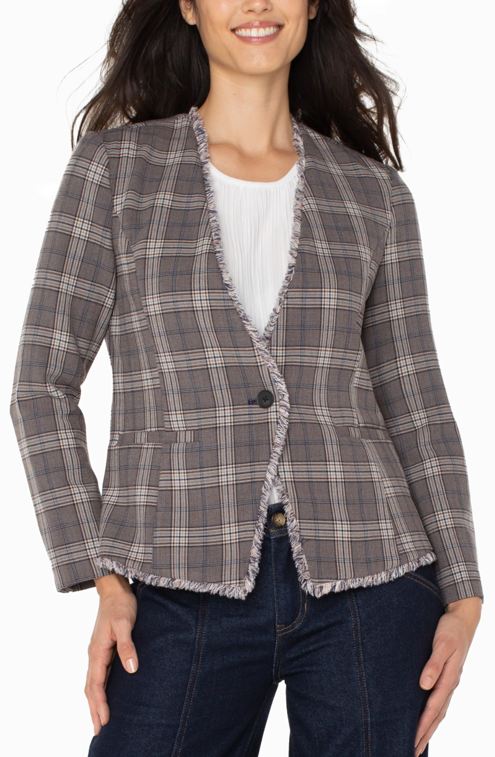 Liverpool Collarless Plaid Blazer W/ Fray