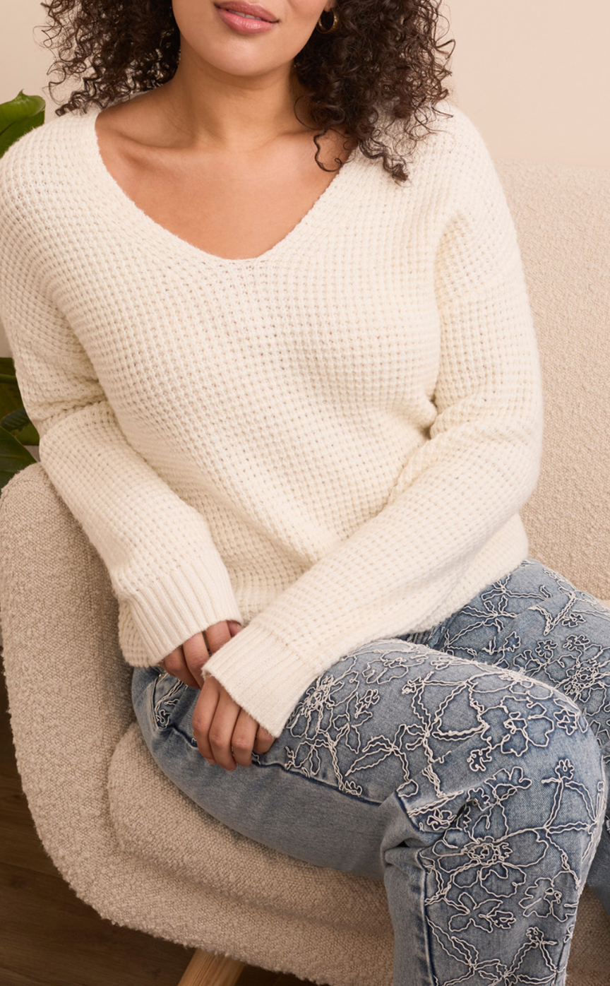 Tribal Drop Shoulder V-Neck Sweater Cream