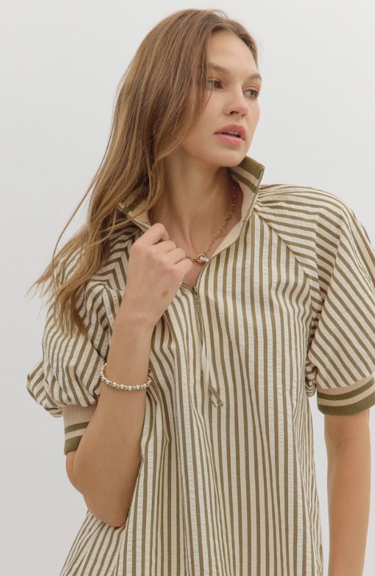 Striped Half Zip Blouse-Olive