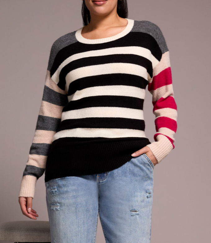Tribal L/S Boat Neck Stripe Sleeve Sweater Black