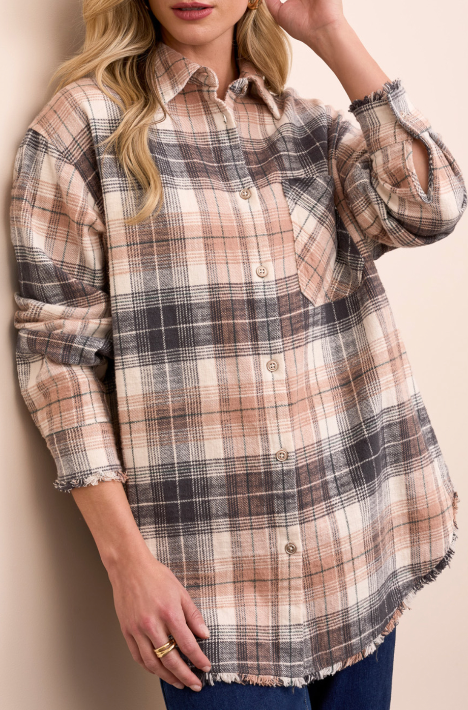 Tribal Plaid Shirt w/Fringe Hem