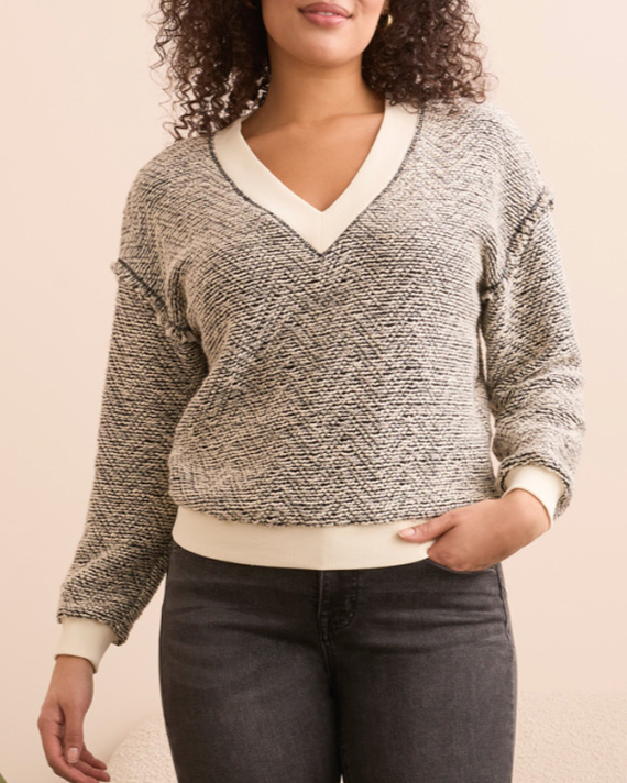 Tribal V-Neck Top w/Combo Rib Detail