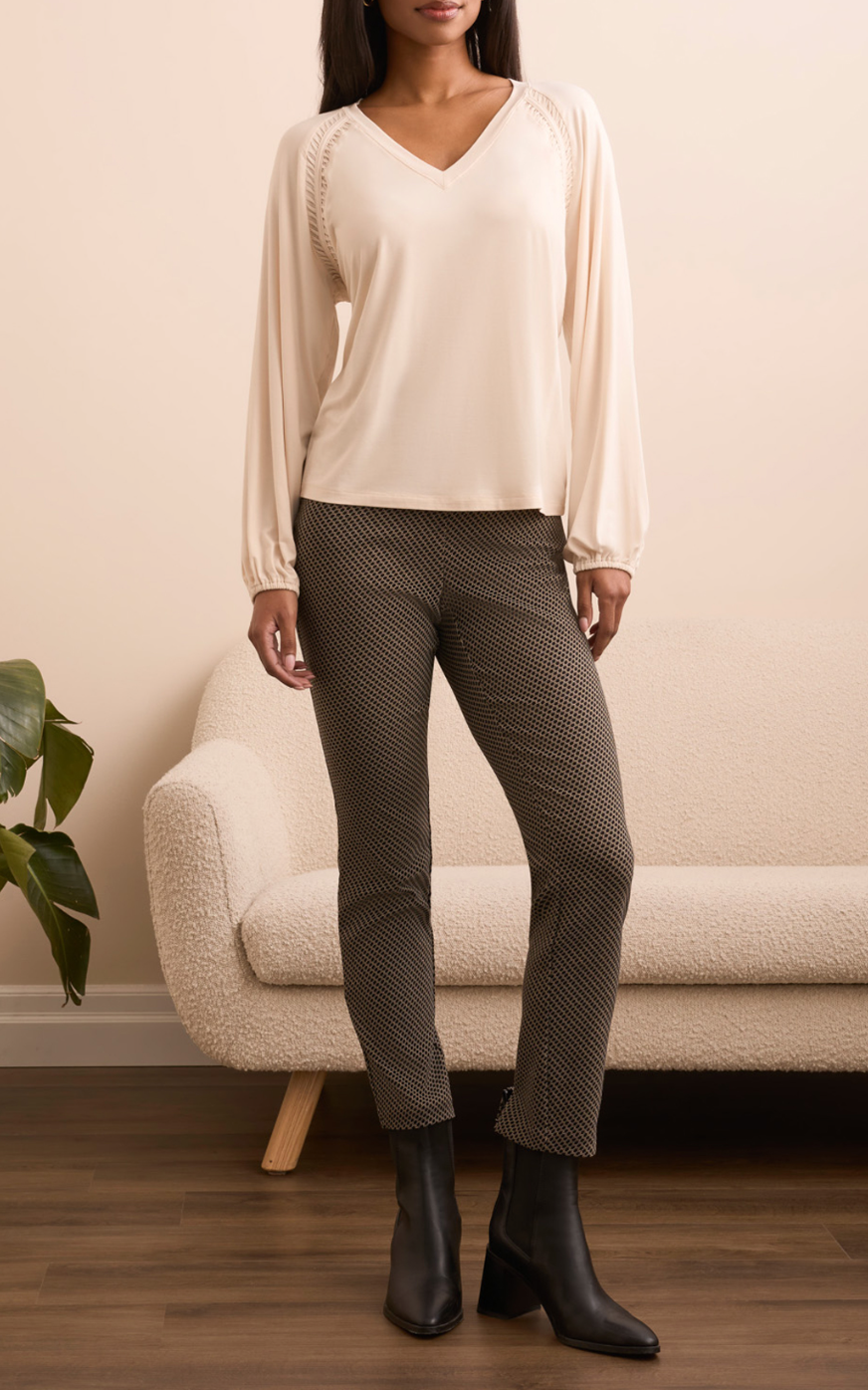 Tribal L/S V-Neck Top w/Pleating Detail