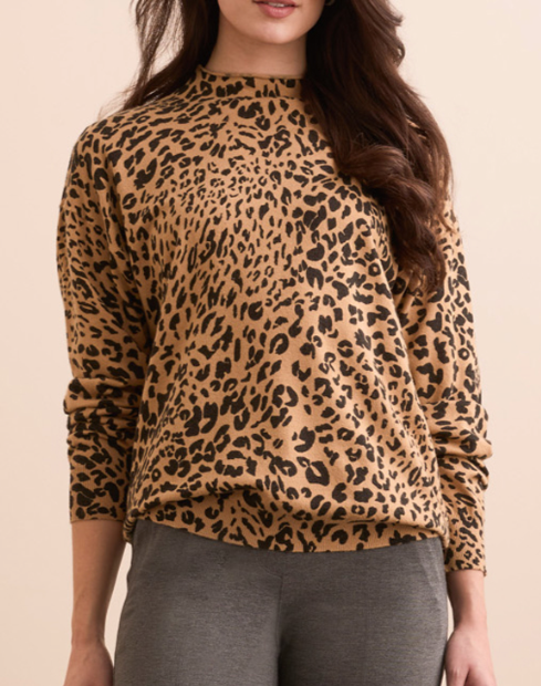 Tribal Leo Printed Funnel Neck Sweater