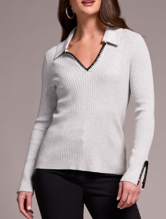 Tribal L/S Polo Sweater w/Blanket Stitch