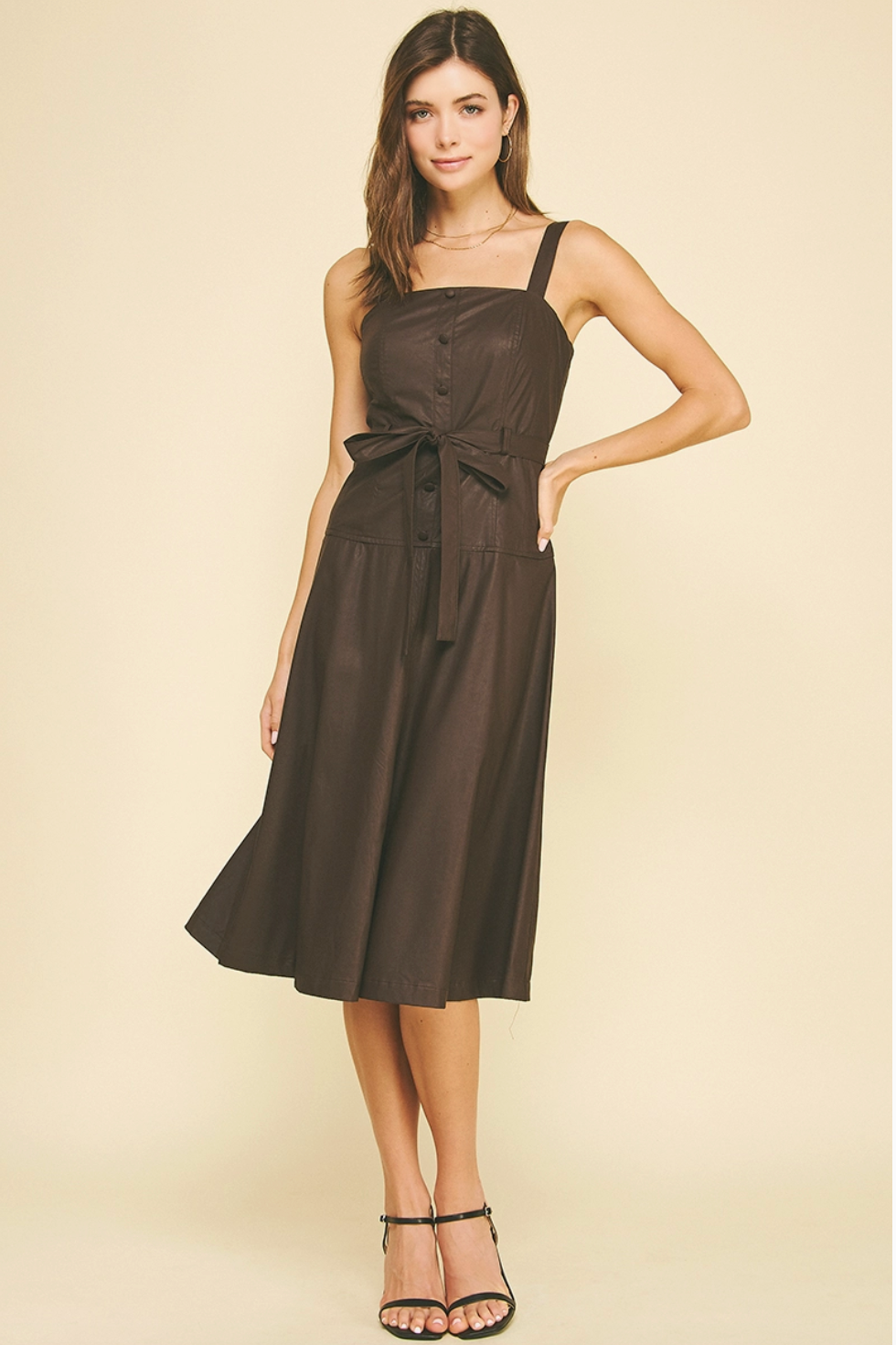 Faux Leather Button Detailed Midi Dress-Chocolate