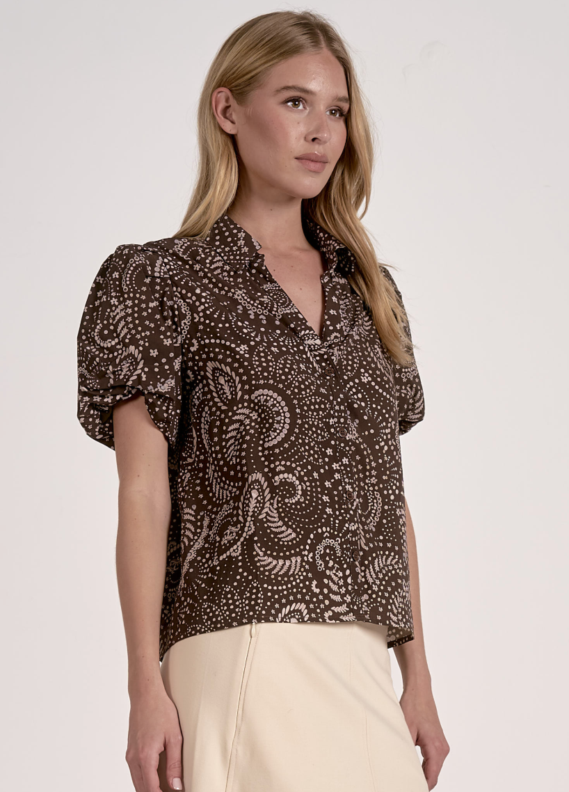 Elan Puff Sleeve Printed Blouse-Brown