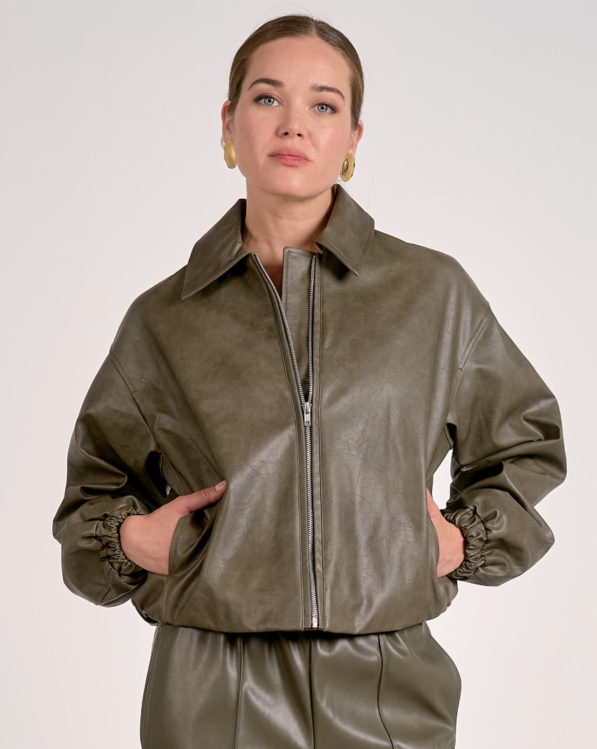 Elan Faux Leather Bomber-Olive