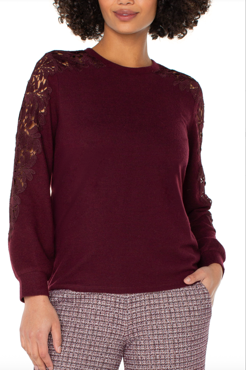 Liverpool Lace Inset Knit Top Burgundy