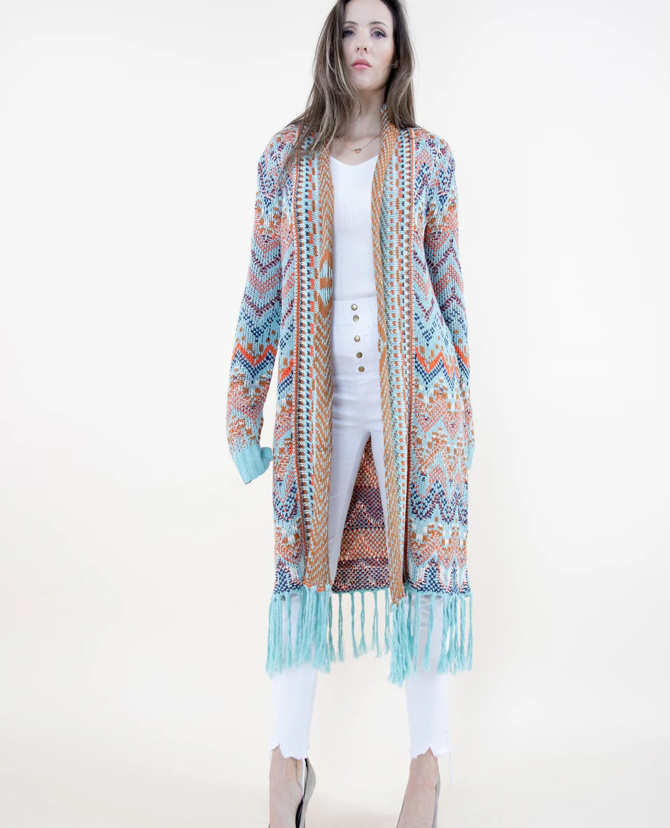 Chevron Knit Long Fringe Cardigan