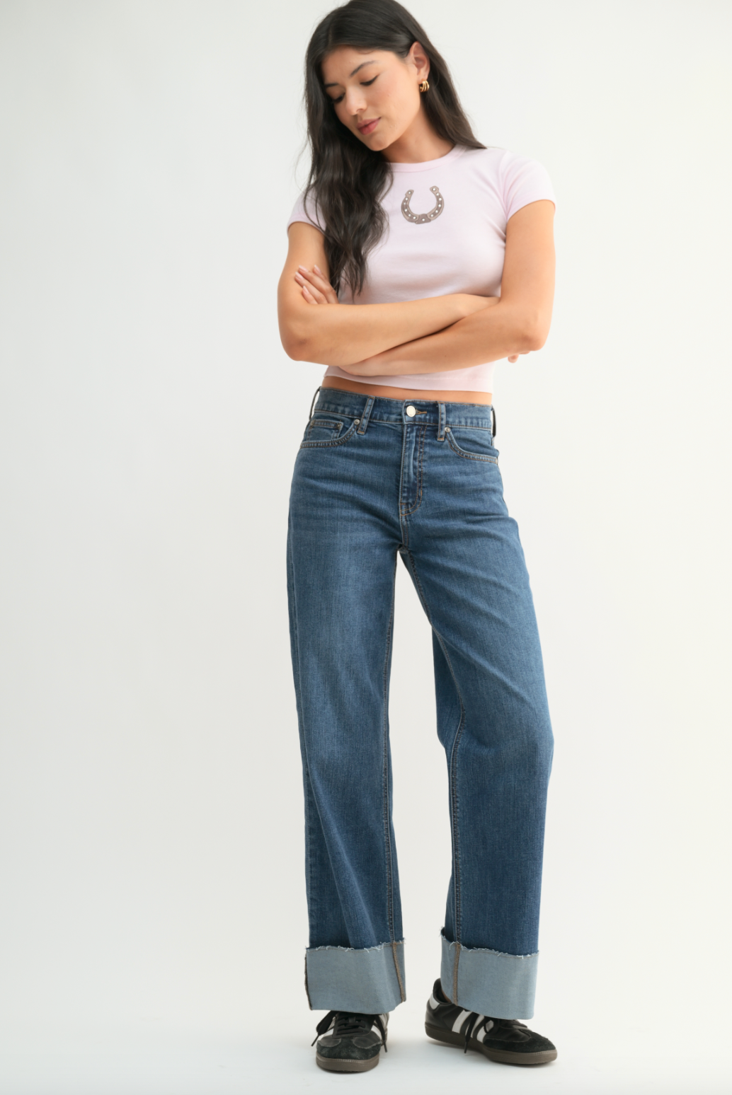 Cuffed Wide Ankle Jeans-Dark Wash