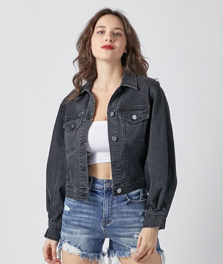Balloon Sleeve Denim Jacket-Black