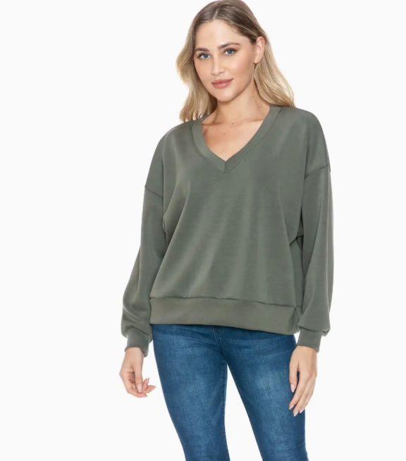 V-neck Scuba Top-Olive