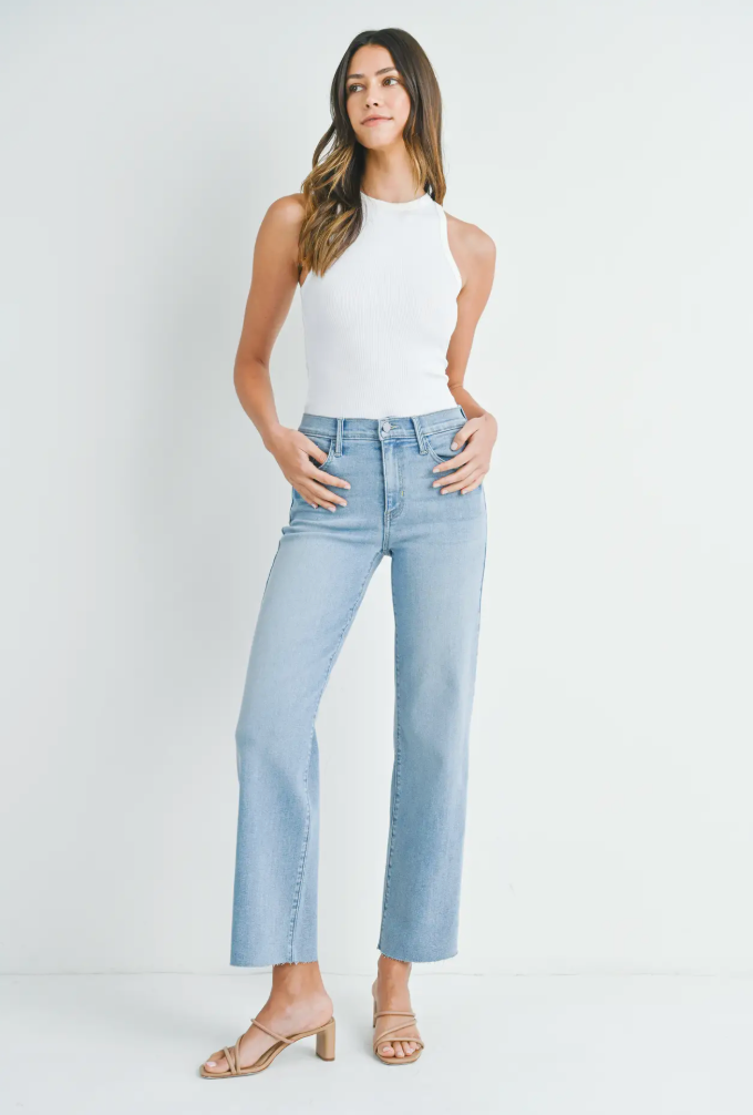 Slim Palazzo w/ Cut Hem Denim-Light Wash