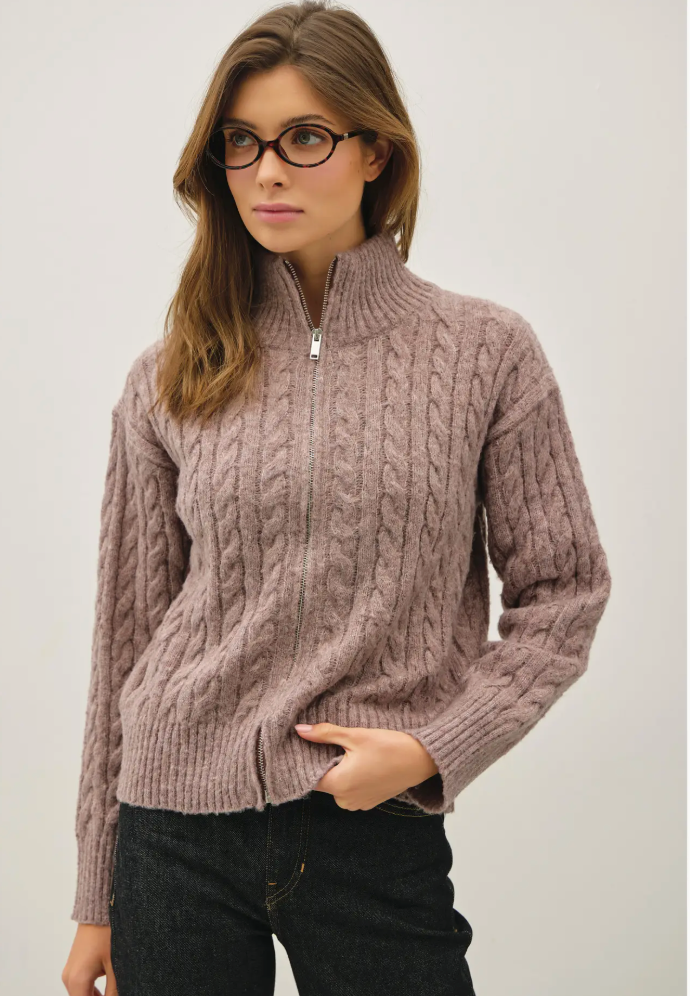 Zip Up Cable Knit Sweater-Cocoa