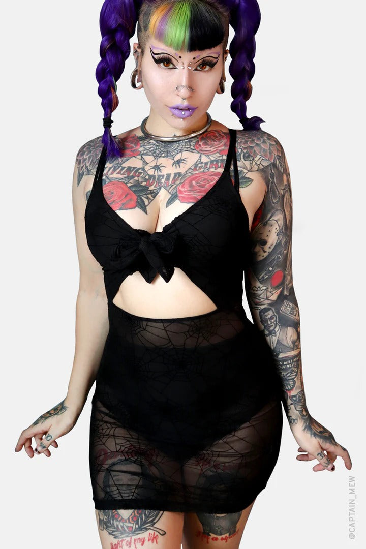 Spiderweb Mesh Front Tie Dress