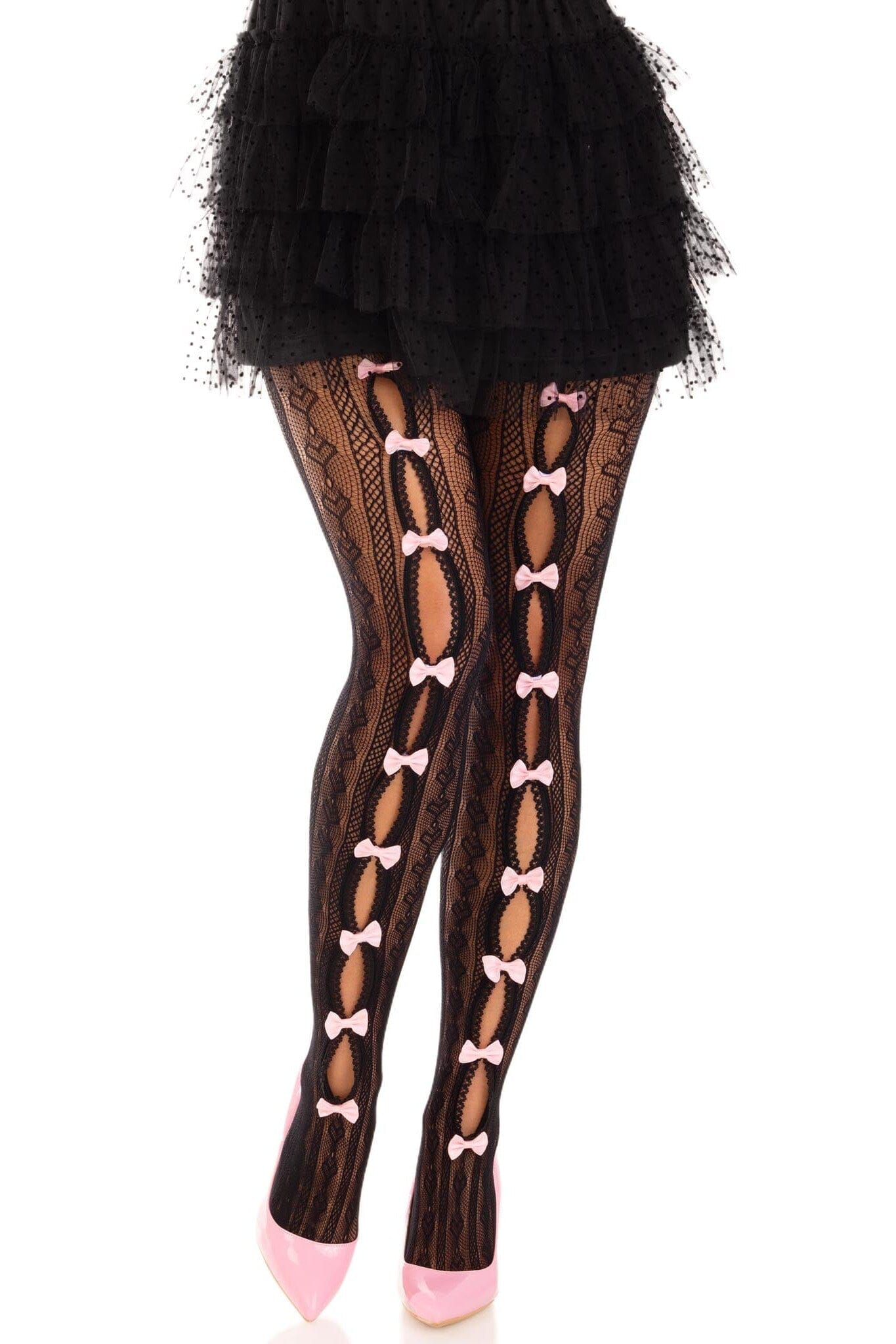 Sweetheart Striped Net Tights, Keyhole, Mini Bow Detail