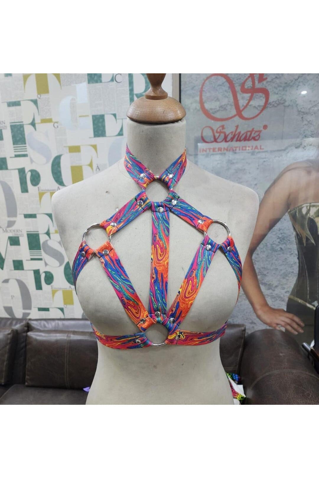 Tie Dye Print Stretchy Body Harness w/Silver Hardware