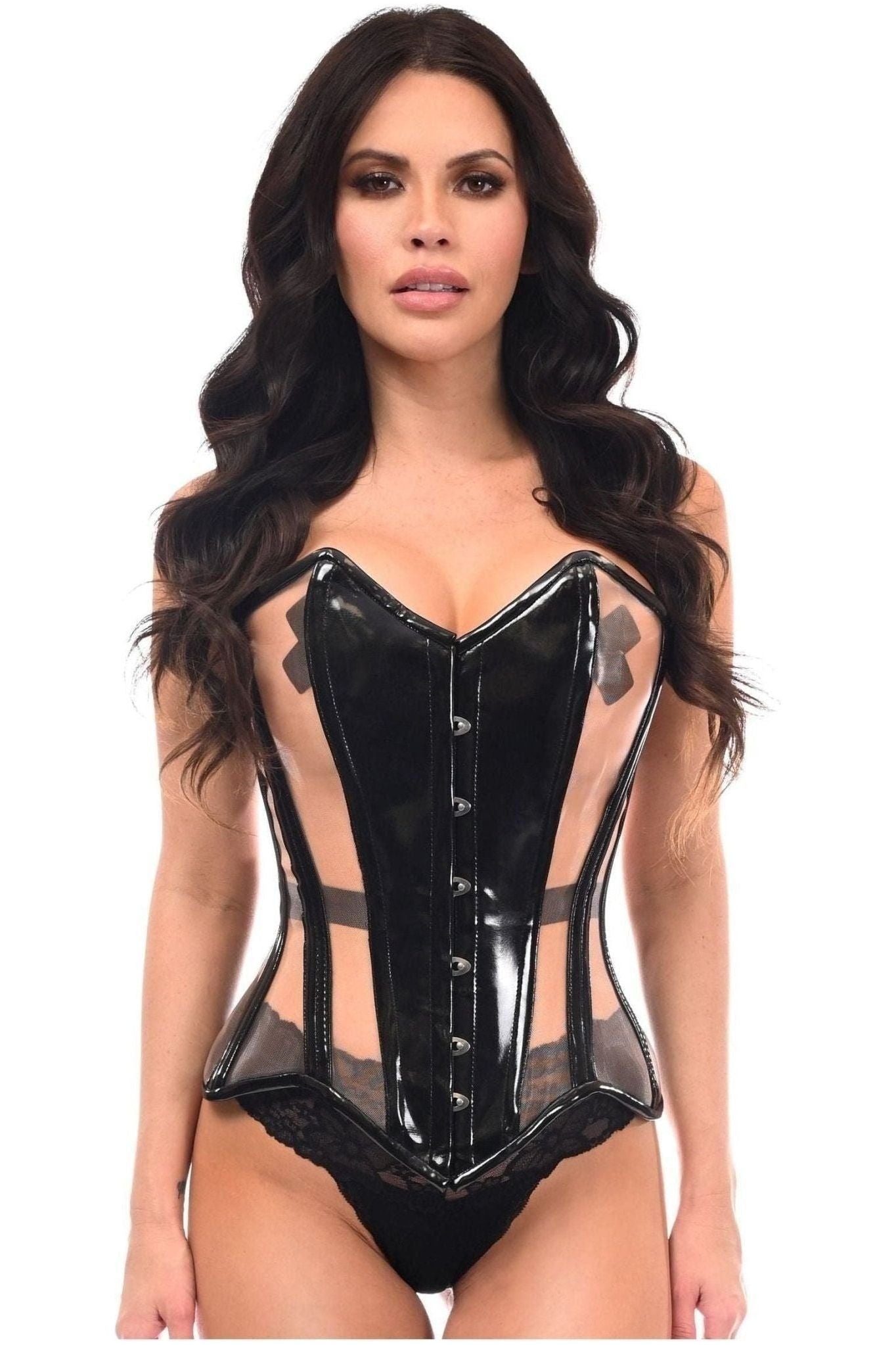 Top Drawer Black Patent & Nude Mesh Steel Boned Overbust Corset