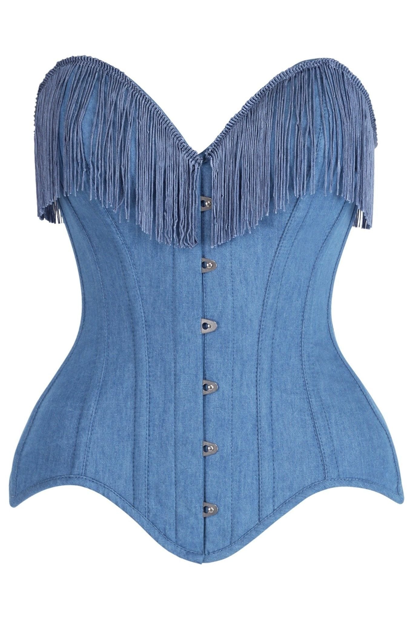 Top Drawer Blue Denim Steel Boned Overbust Corset w/Fringe