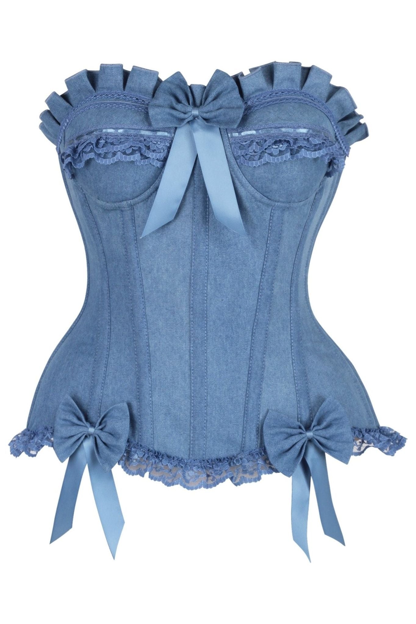 Top Drawer Blue Denim Underwire Steel Boned Burlesque Corset w/Bows
