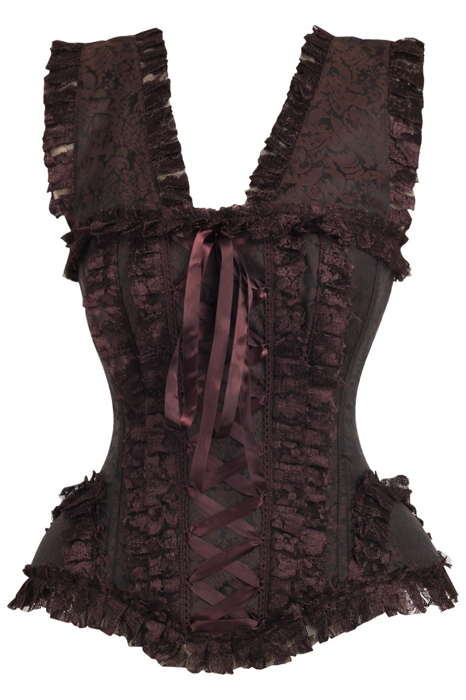 Top Drawer Brown Swirl Brocade & Lace Steel Boned Corset w/Cap Sleeves
