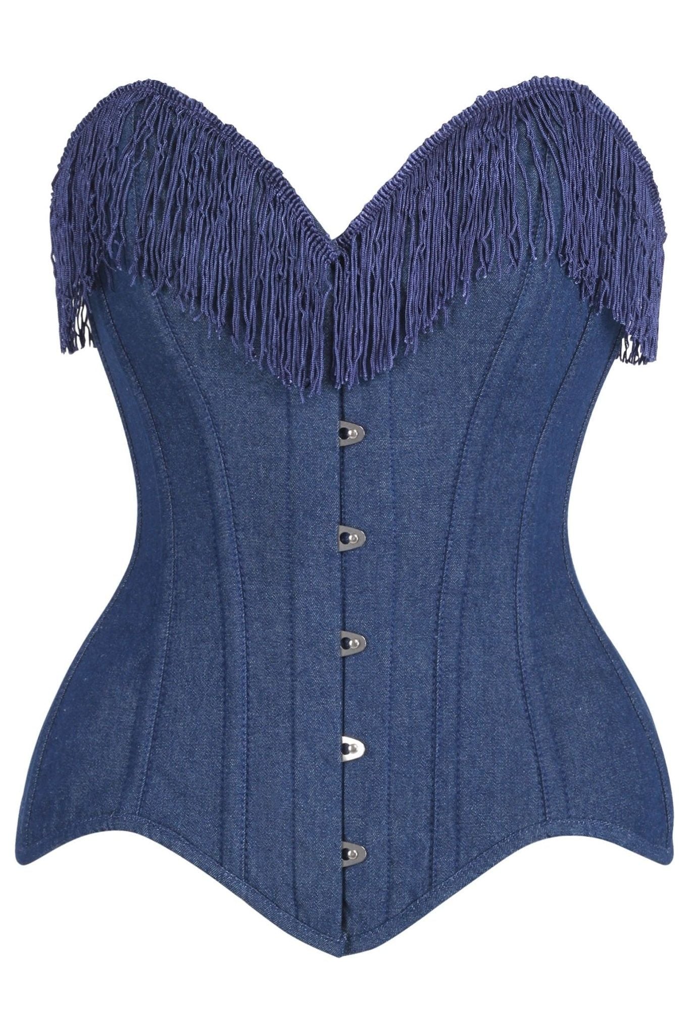 Top Drawer Dark Blue Denim Steel Boned Overbust Corset w/Fringe