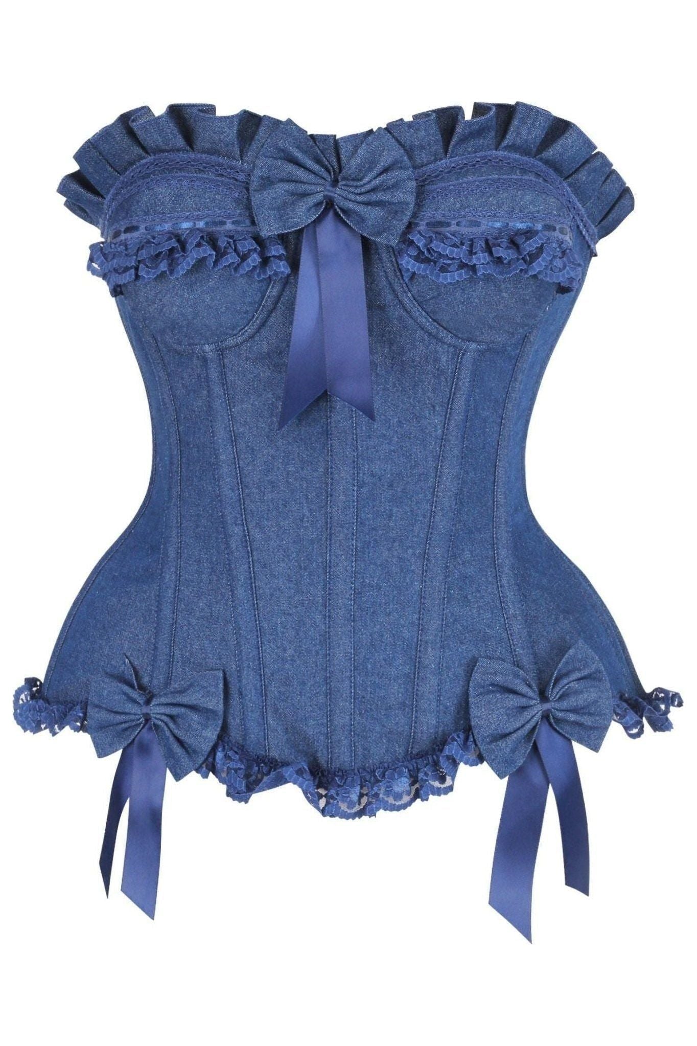 Top Drawer Dark Blue Denim Underwire Steel Boned Burlesque Corset w/Bows