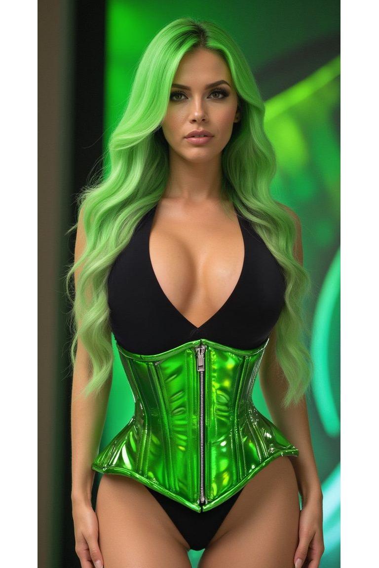 Top Drawer Green Holo Double Steel Boned Underbust Waist Cincher Corset
