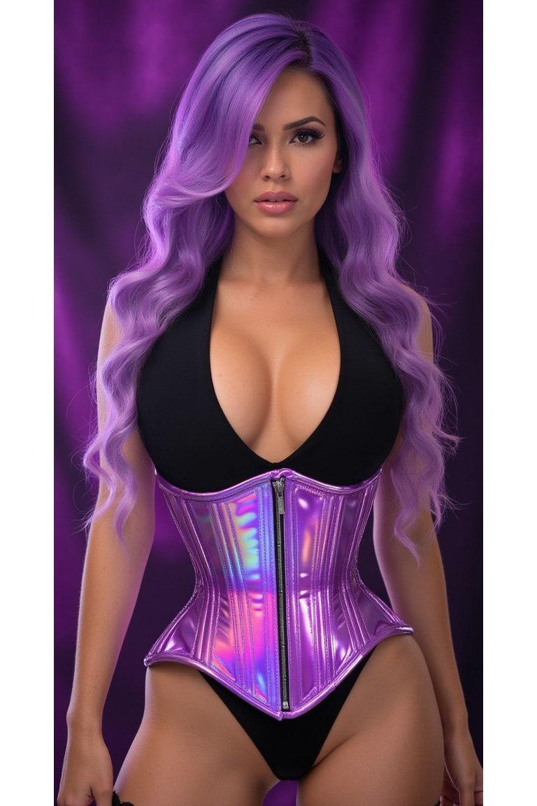 Top Drawer Lavender Holo Double Steel Boned Underbust Waist Cincher Corset