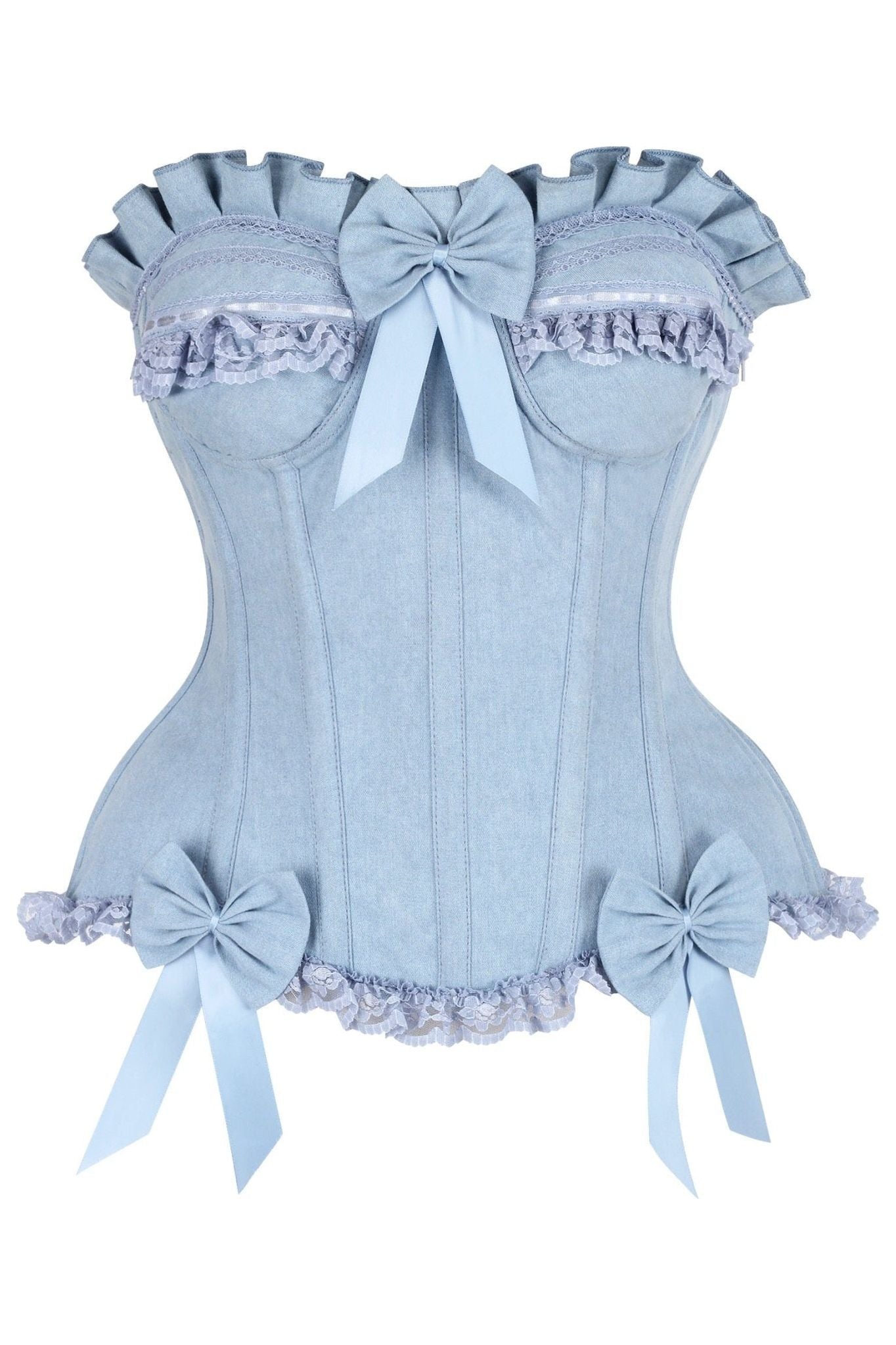 Top Drawer Light Blue Denim Underwire Steel Boned Burlesque Corset w/Bows