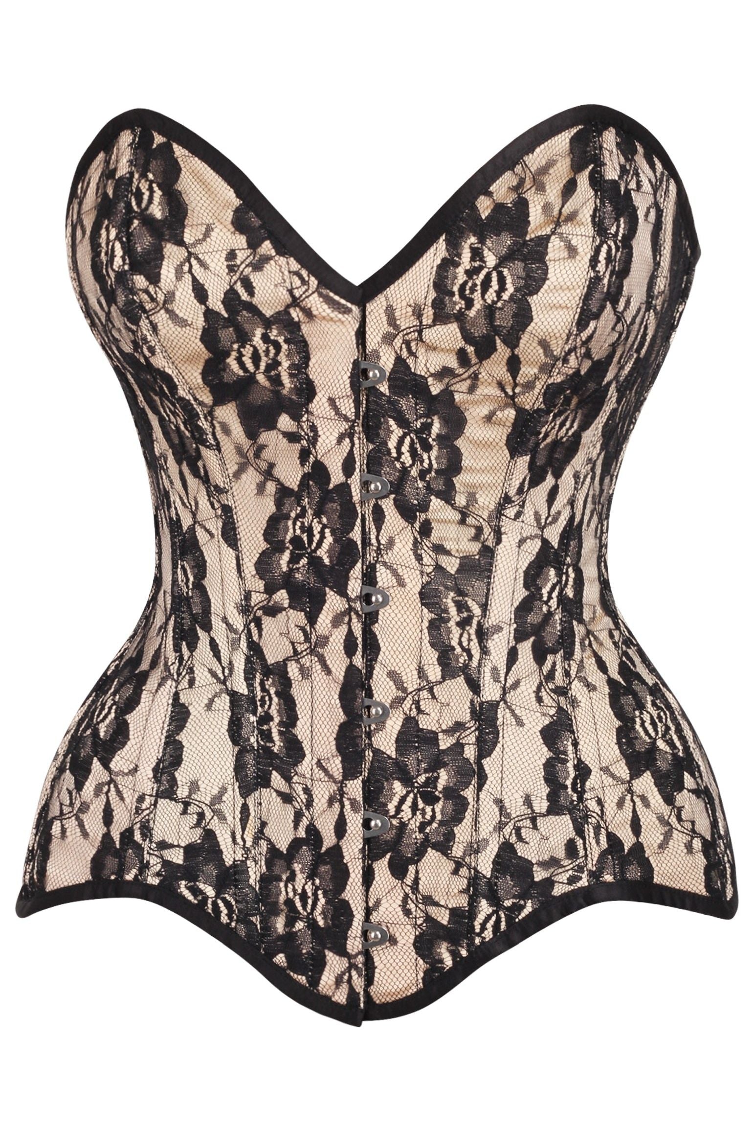 Top Drawer Nude Satin w/Black Lace Overlay Steel Boned Overbust Corset