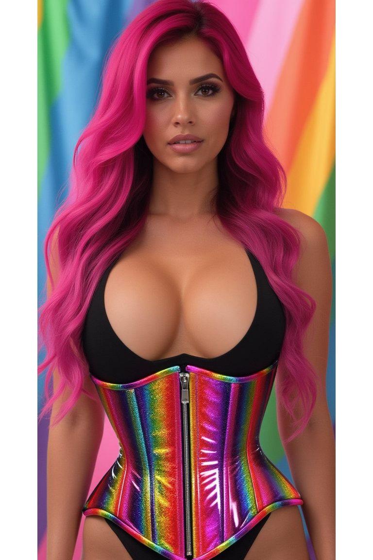 Top Drawer Rainbow Glitter Double Steel Boned Underbust Waist Cincher Corset