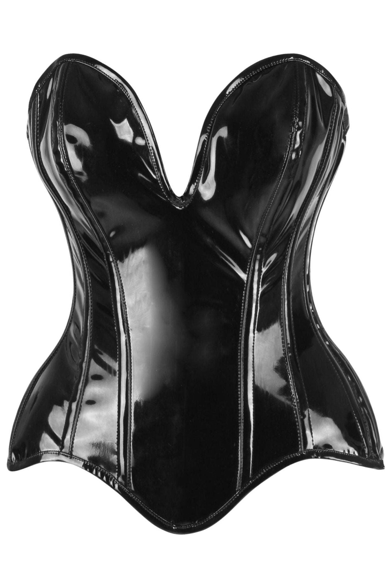 Top Drawer Steel Boned Black Patent Plunge Neckline Overbust Corset