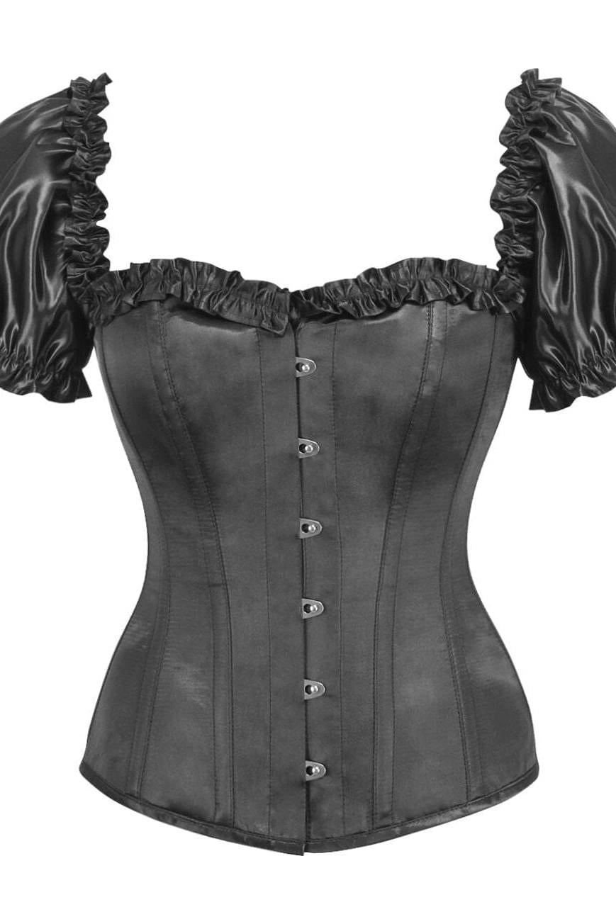 Top Drawer Steel Boned Black Satin Overbust Corset w/Sleeves