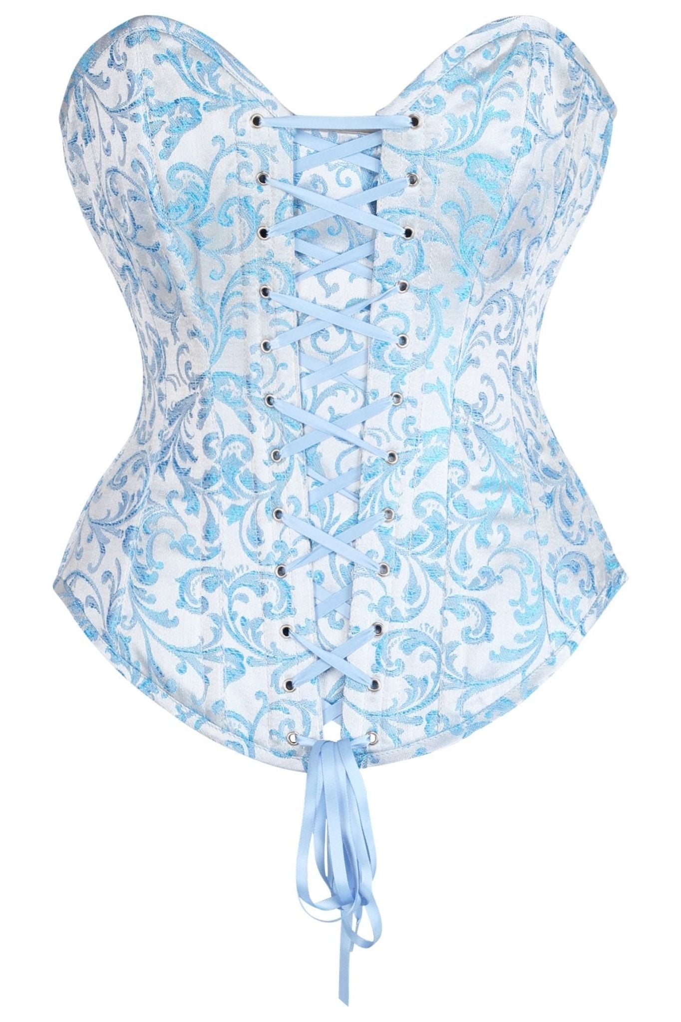 Top Drawer Steel Boned Blue Brocade Overbust Lace-Up Corset Top