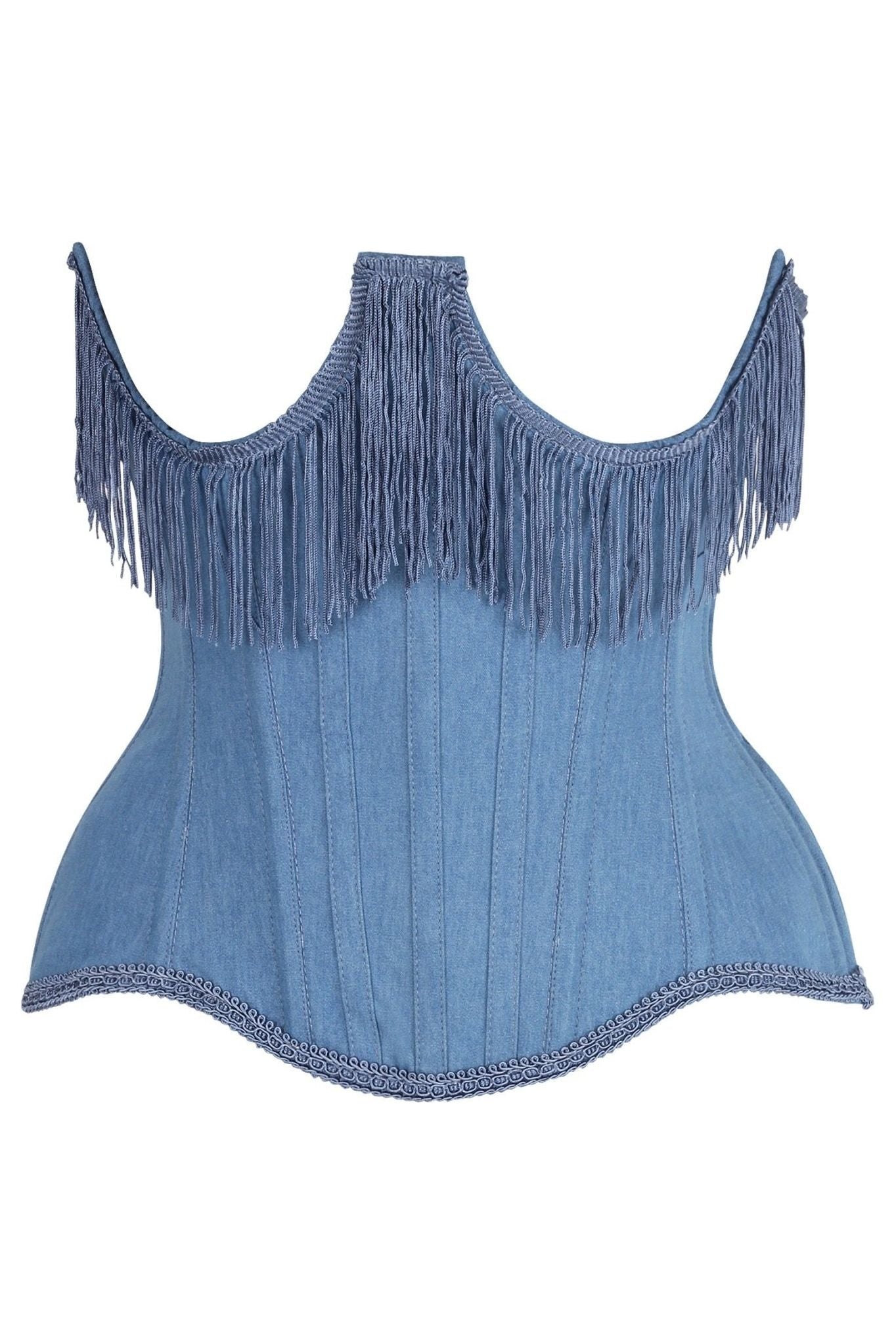 Top Drawer Steel Boned Blue Denim Underwire Underbust Corset Cincher w/Fringe