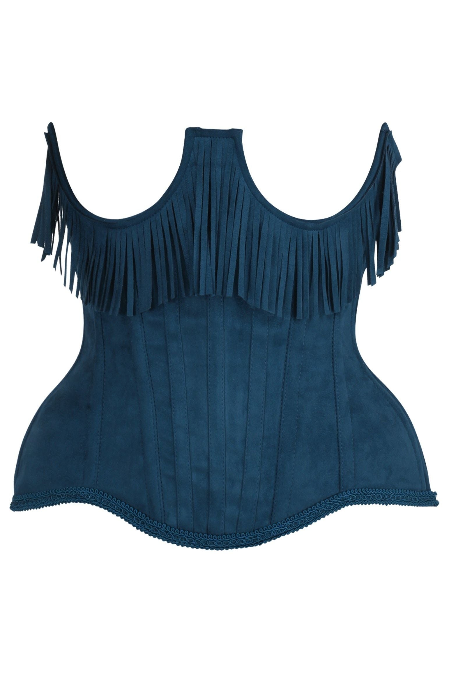 Top Drawer Steel Boned Blue Suede Underwire Underbust Corset Cincher w/Fringe