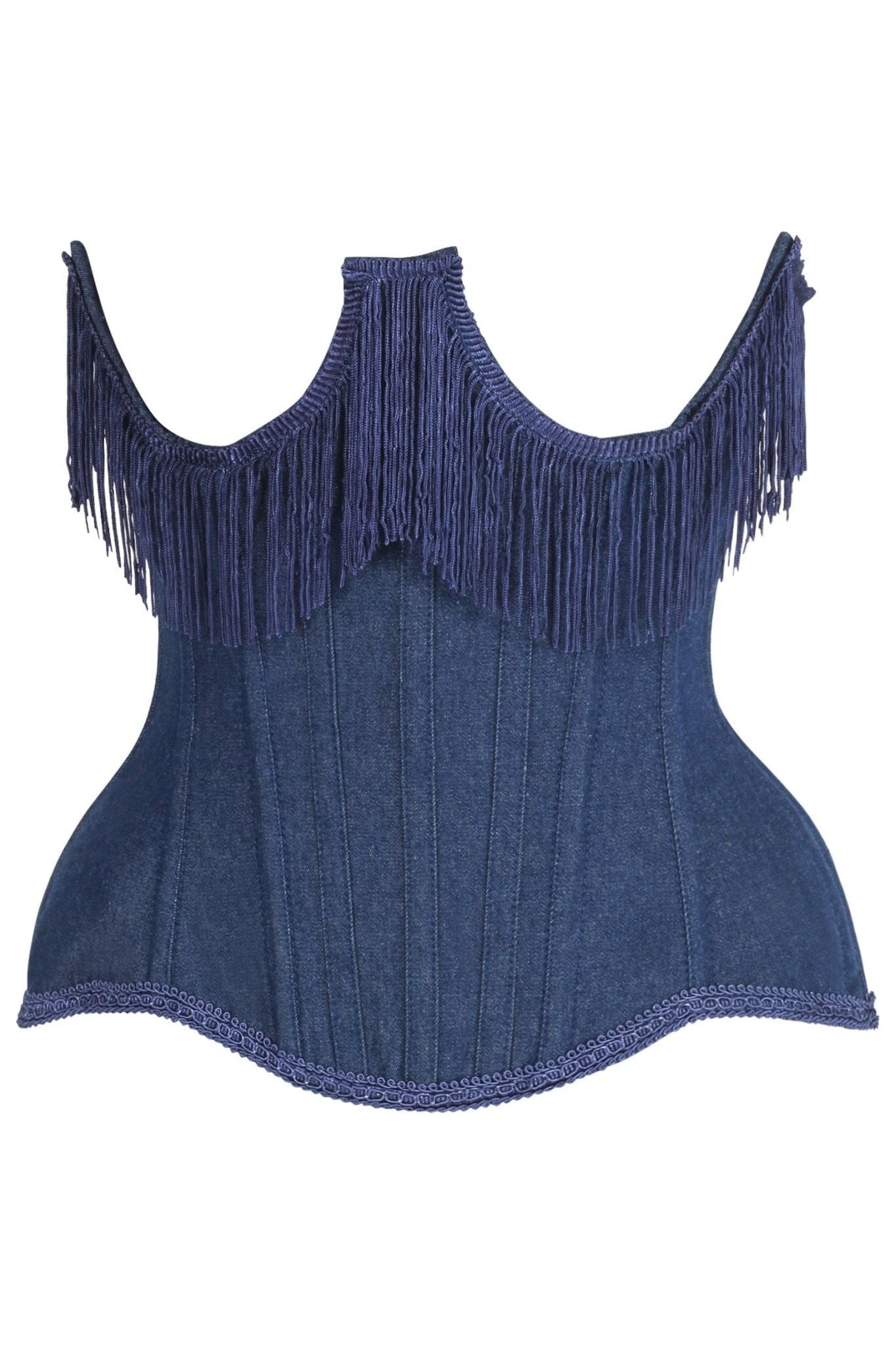 Top Drawer Steel Boned Dark Blue Denim Underwire Underbust Corset Cincher w/Fringe