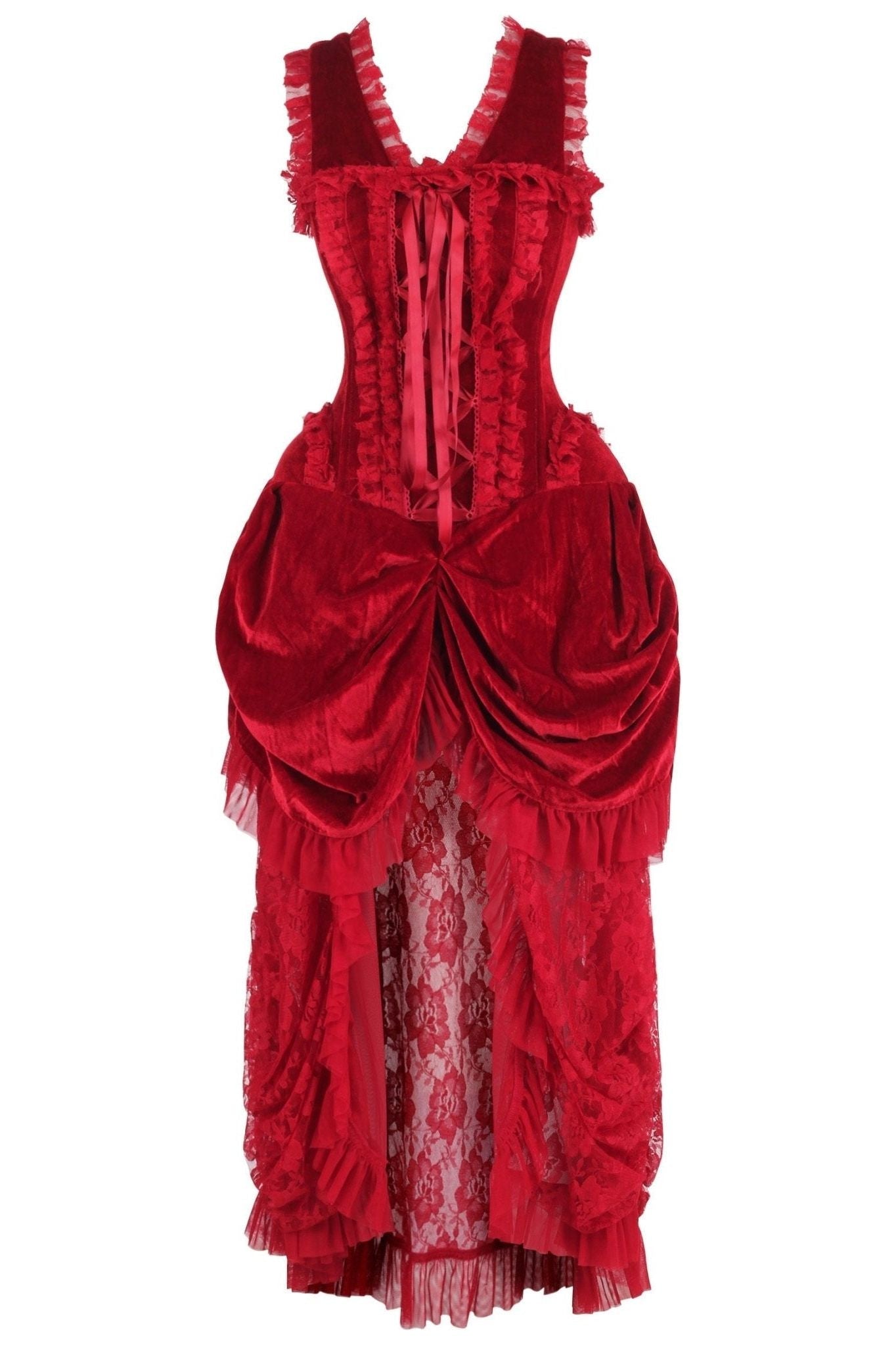 Top Drawer Steel Boned Dark Red Velvet Victorian Bustle Corset Dress