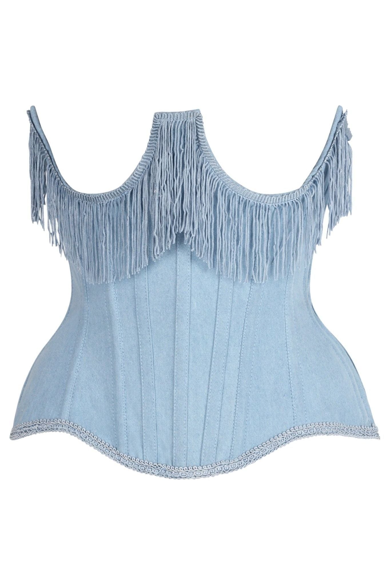 Top Drawer Steel Boned Light Blue Denim Underwire Underbust Corset Cincher w/Fringe
