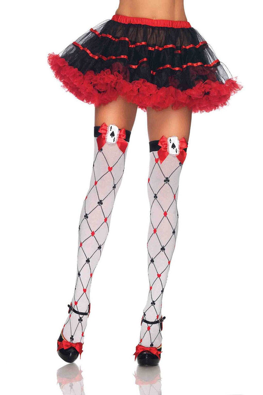 Woven Diamond Card Suit Thighs High With Bow And Card Charm Stockings