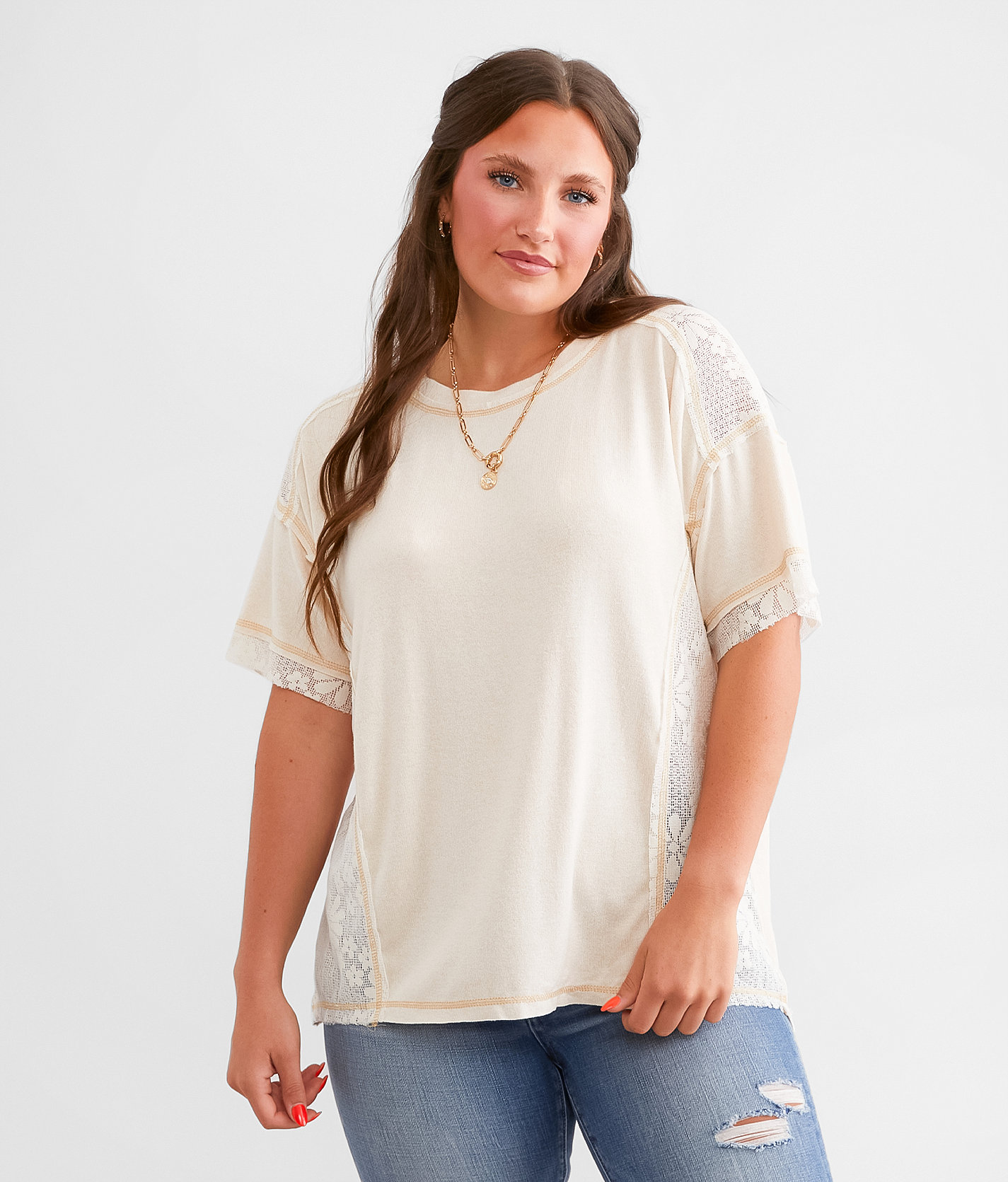 Daytrip Pieced Floral Lace Top - Women's Shirts & Blouses in Beige