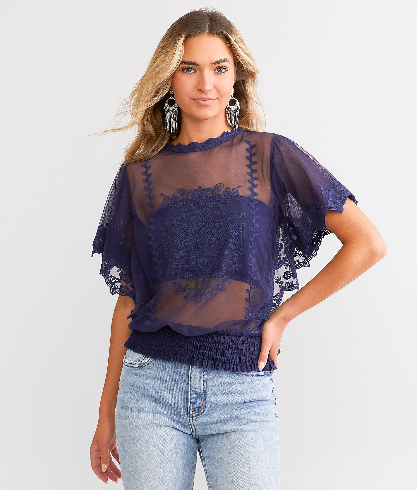 Daytrip Mesh Lace Top - Women's Shirts & Blouses in Crown Blue