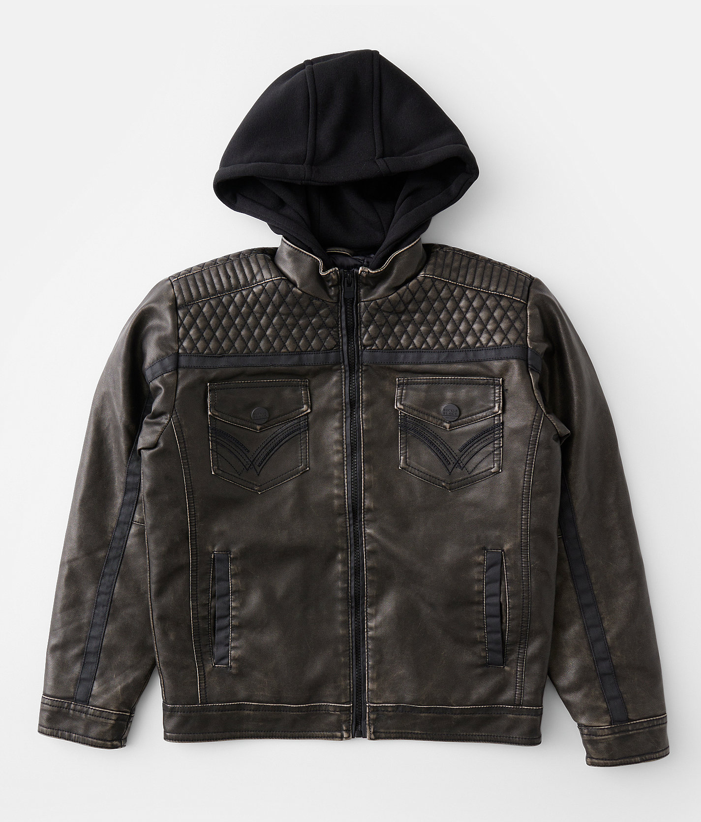 Boys - Buckle Black Washed Faux Leather Hooded Jacket - Boy's Coats & Jackets in Grey