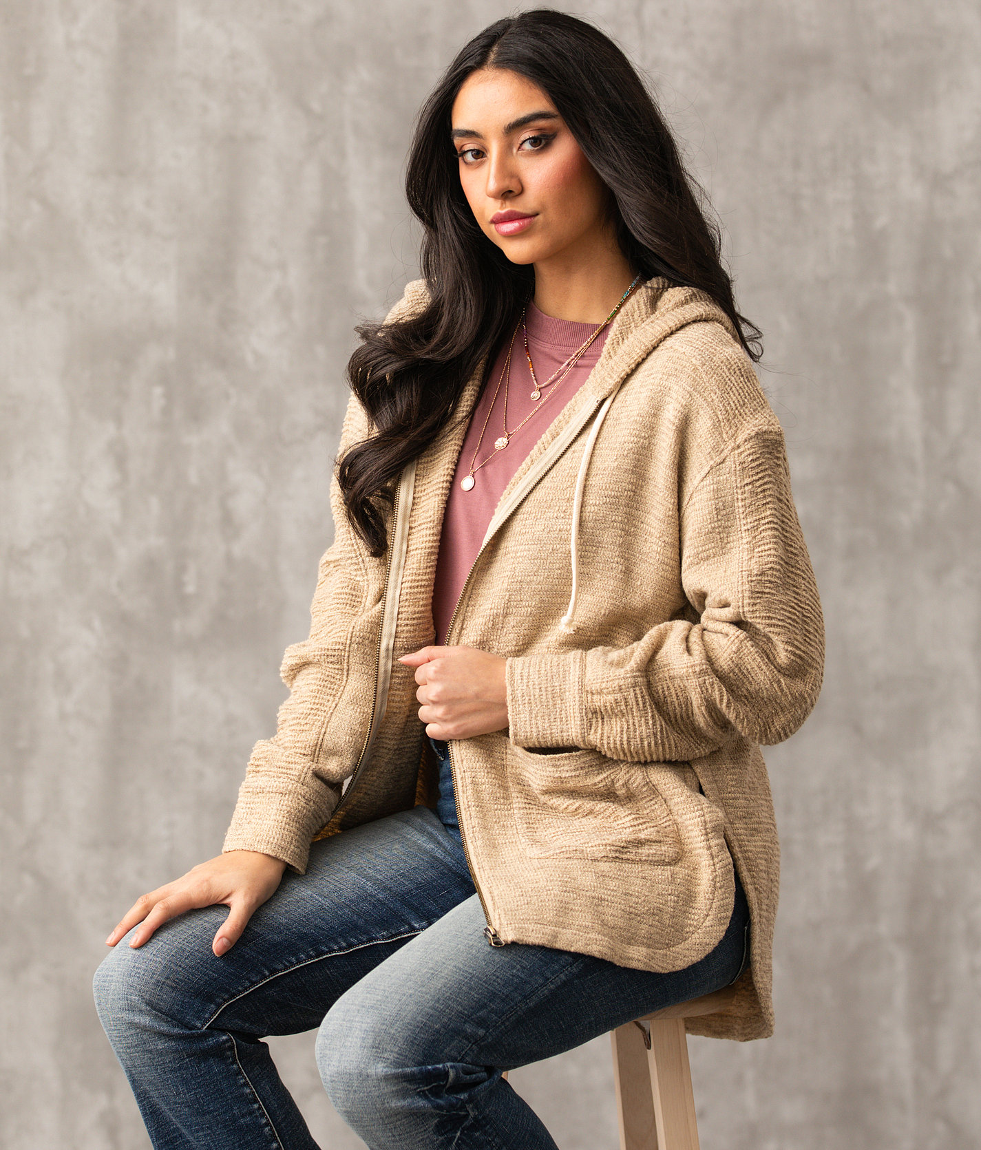 Buckle Black Waffle Stitch Oversized Hoodie - Women's Sweatshirts in Tan