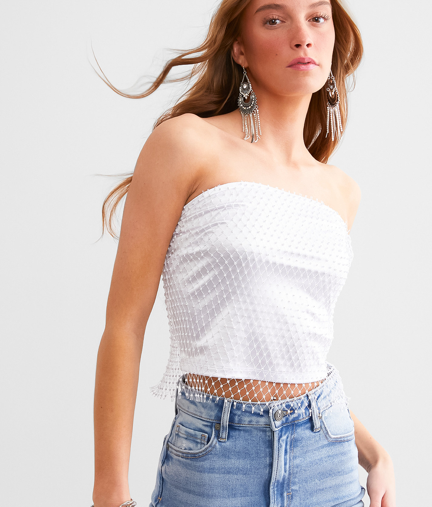 Papermoon Rhinestone Fishnet Cropped Tube Top - Women's Shirts & Blouses in White